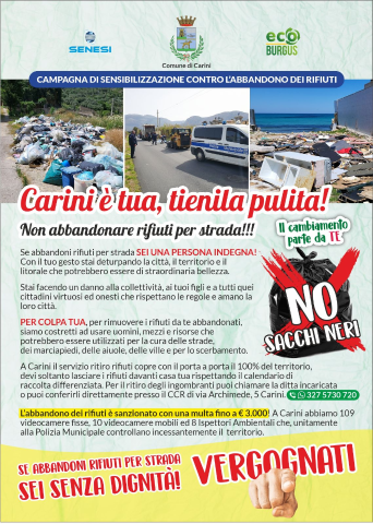 "Carini è tua, tienila pulita! Il cambiamento parte da te": Comune lancia campagna contro l'abbandono dei rifiuti in vista del Ferragosto